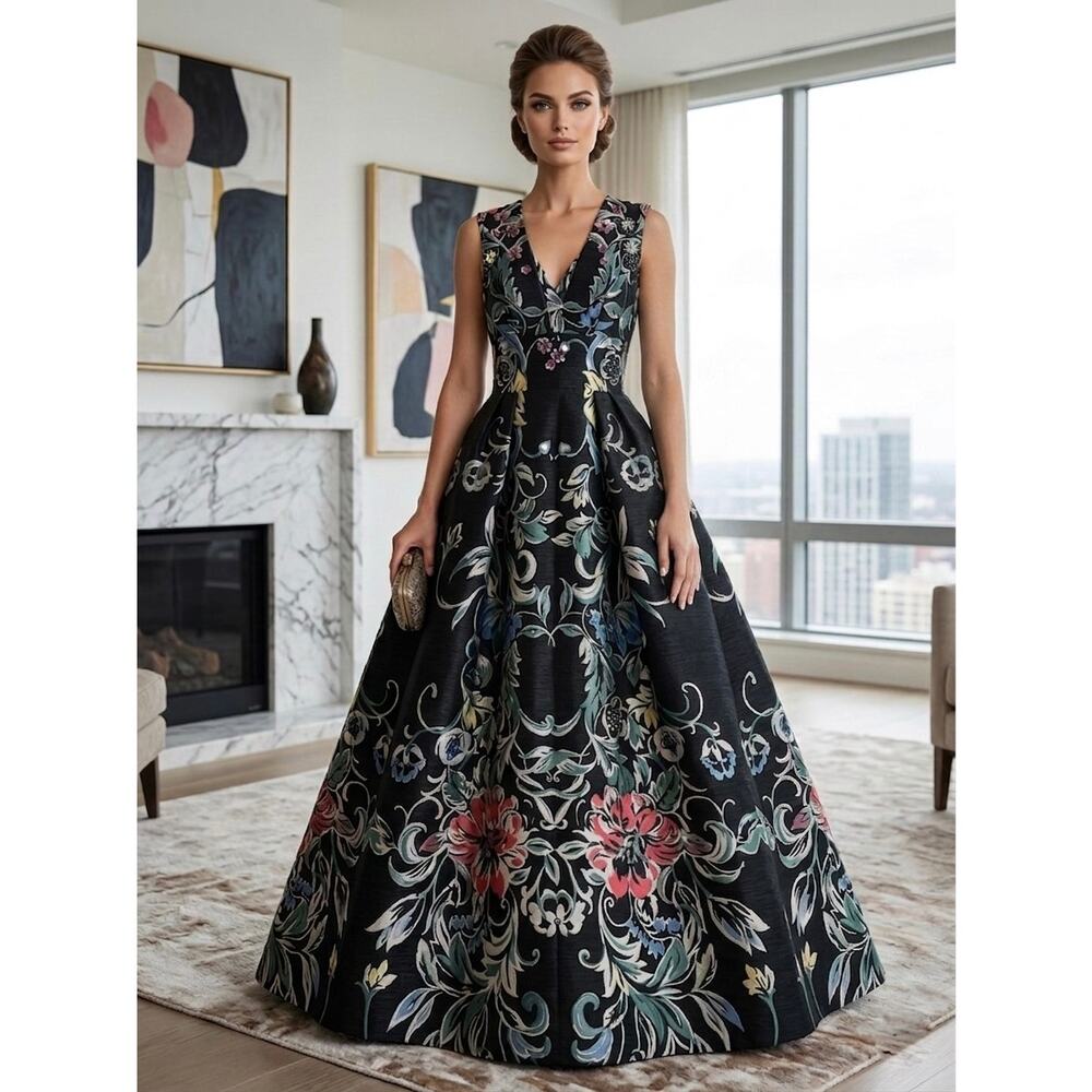 WAYNE CLARK Black Sleeveless Evening Gown Multi Color Print w/3D Sequin Flower 8